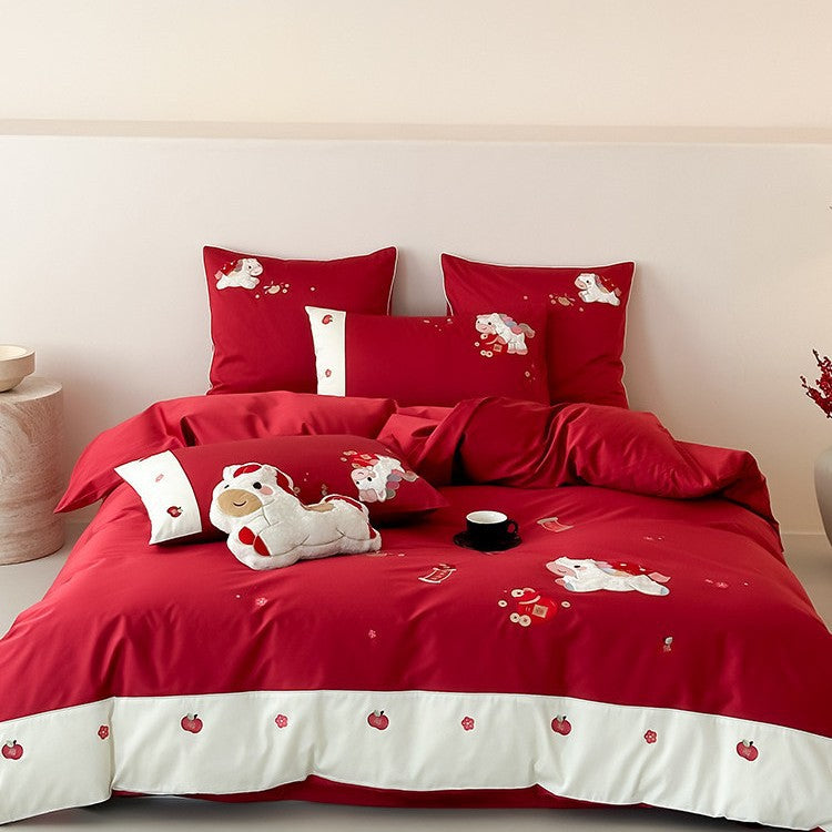 Luxurious bedding set made of fine cotton satin with elaborate embroidery & contrasting trim