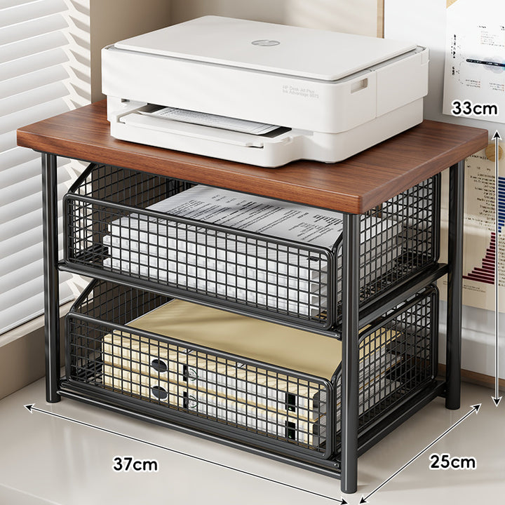 Adjustable Desktop Printer Stand with Wooden Top and Metal Mesh Storage Drawer