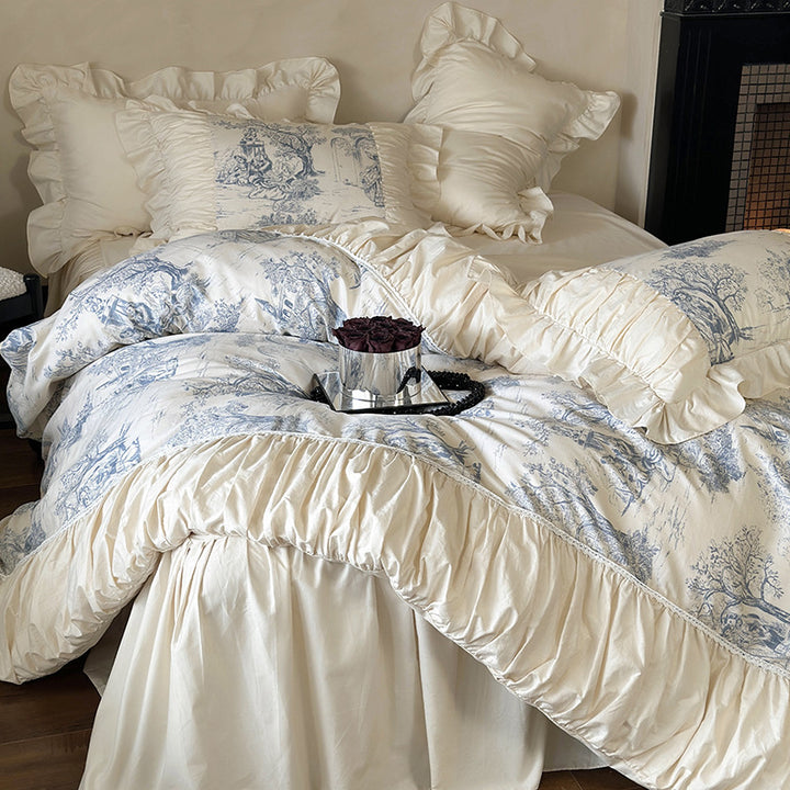 Luxurious bedding set made of cotton blend with toile landscape print, frill, and ruffles