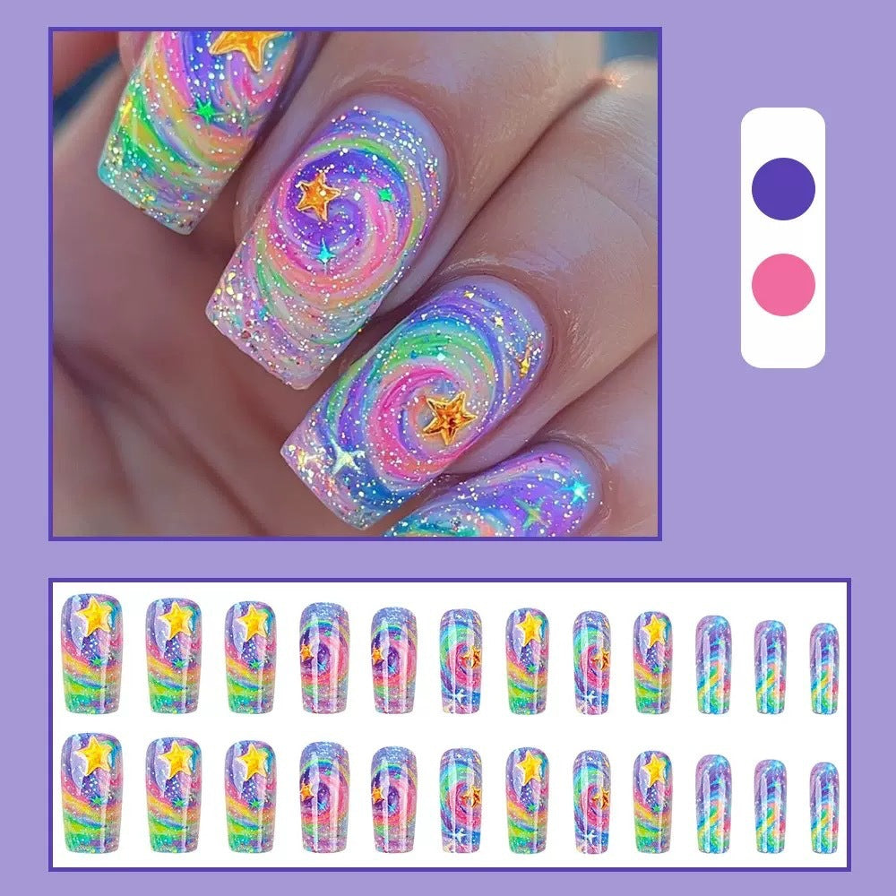 Glittering artificial nail set with colorful spiral design and star accents Kalsten
