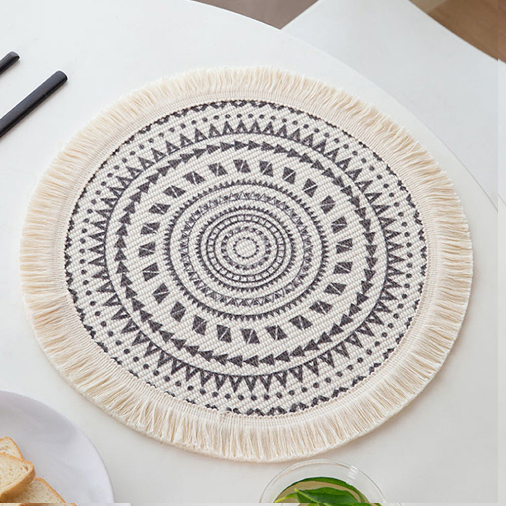 Round woven placemat with fringes and mandala jacquard structure Kalsten