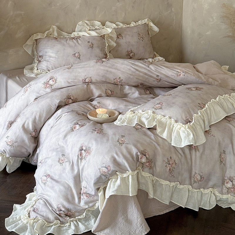 Romantic cotton gauze bedding set with ruffle and watercolor rose print
