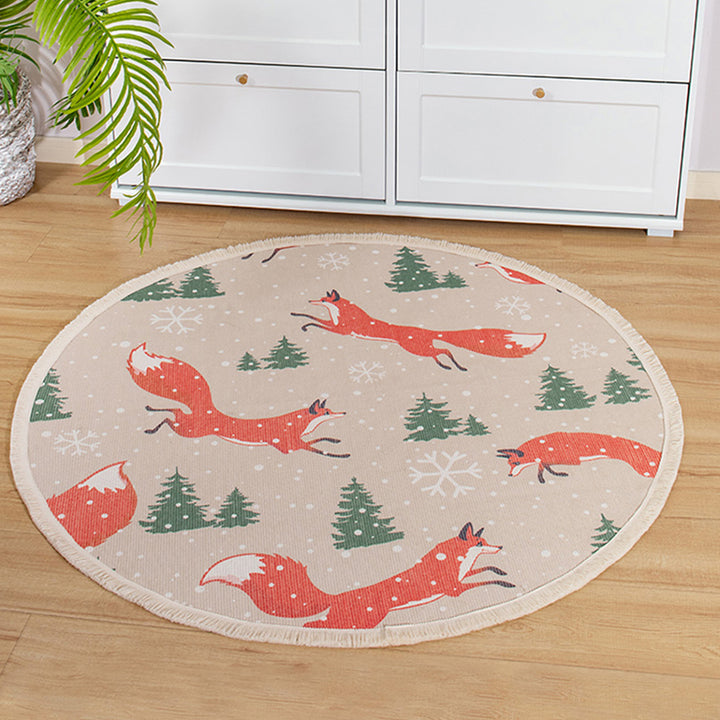 Round woven rug with mandala motif, flat cotton-jute mix and fringes Kalsten