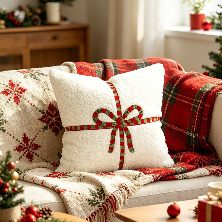 Decorative Sherpa Throw Pillow with Embroidered Ribbon Bow Accent