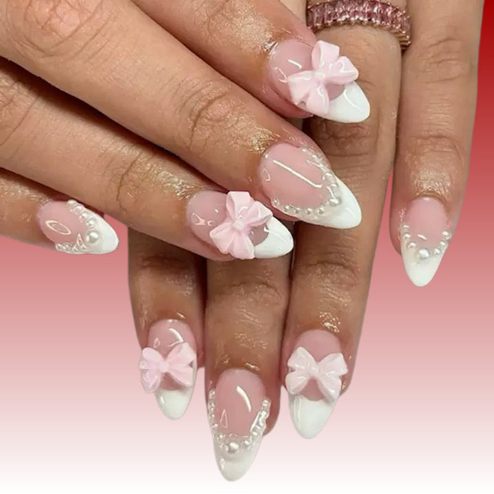 Elegant Artificial Nails with Bows and Pearl Design Kalsten