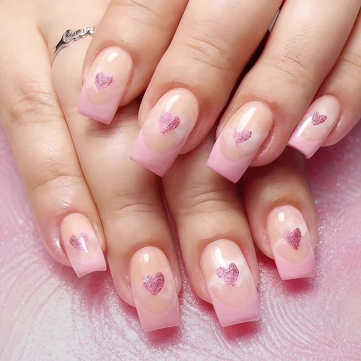 Heart-Embellished French Tip Acrylic Nails Kalsten