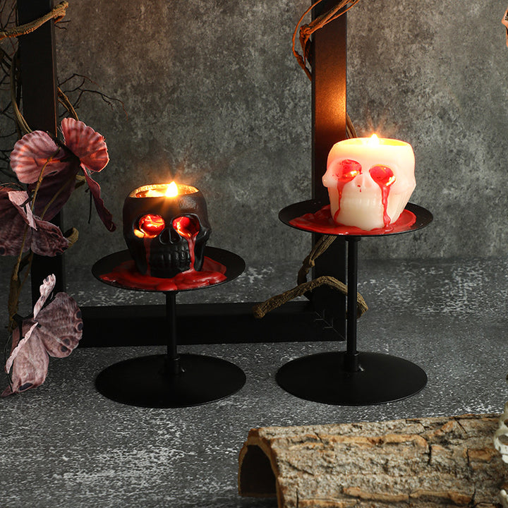 Skull-Shaped Decorative Wax Candle with Metal Pedestal Holder