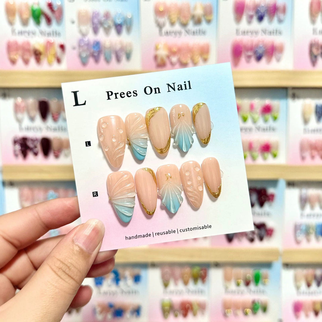 Artistic Press-On Nail Set with Shell Motifs