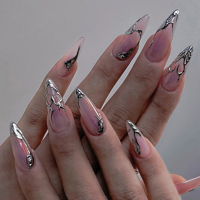 Artistic Press-On Nail Set with Decorative Marble and Glossy Accents kalsten