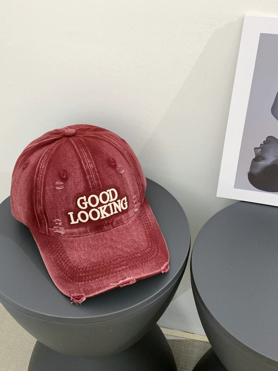 Distressed Denim Baseball Cap with Embroidered Message