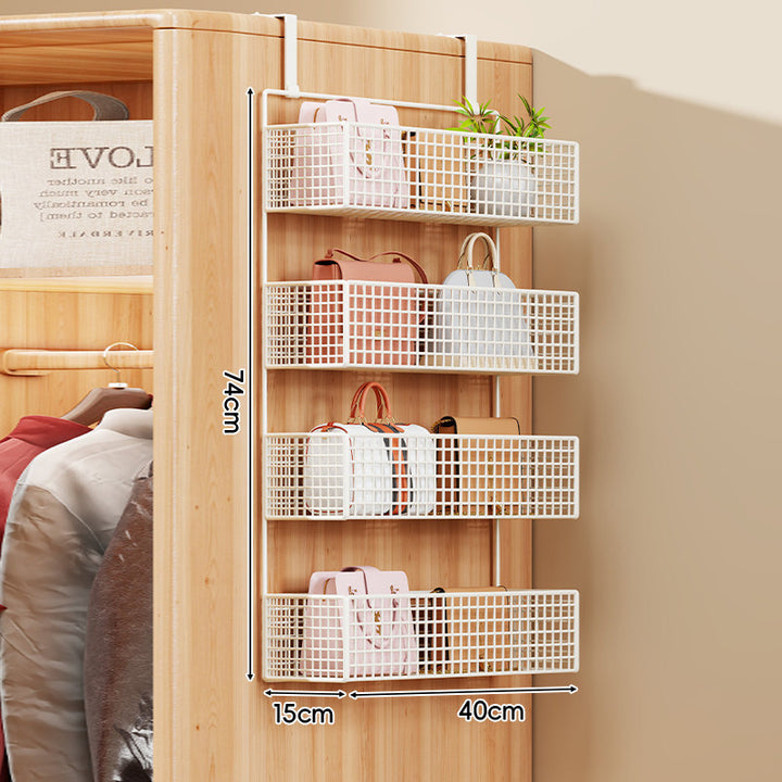 Over-the-Door Metal Grid Hanging Organizer with Four Stackable Baskets and Hooks