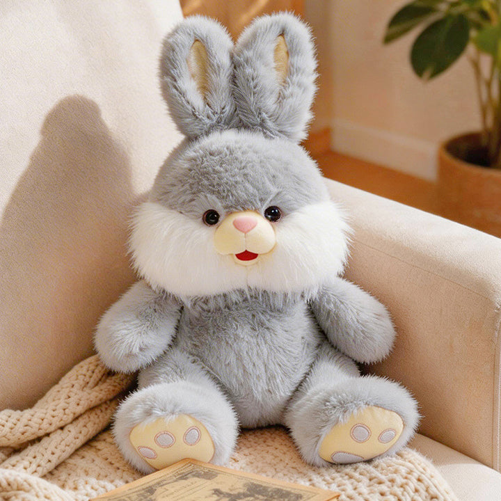 Plush Bunny Sitting Cuddle Companion with Fluffy Cheek Ruffs & Embroidered Paw Pads Kalsten