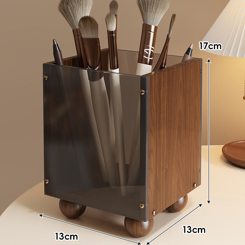 Smoked Acrylic and Walnut Desktop Makeup Brush Organizer with Round Wooden Feet