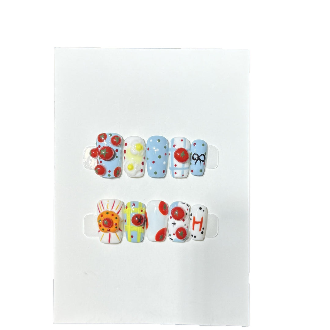 Artistic Press-On Nail Set with Playful Floral and Polka Dot Designs Kalsten