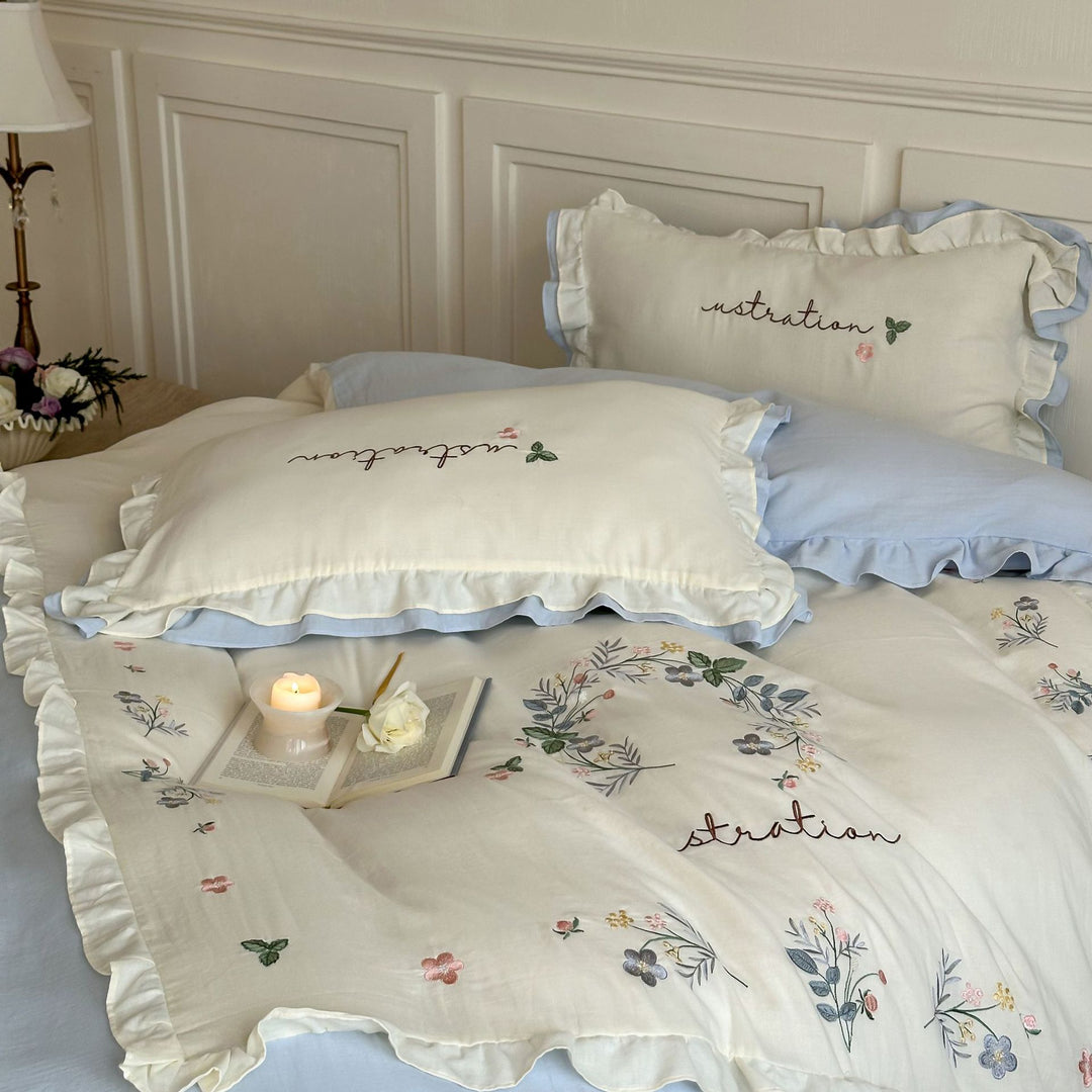 Cotton bedding set in country house style with ruffle edge and fine floral embroidery Kalsten