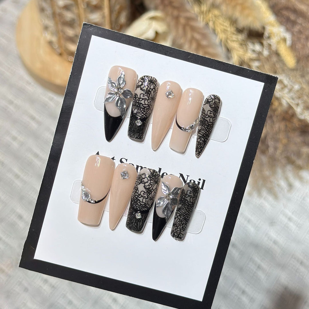 Artistic Stiletto Press-On Nail Set with Floral and Geometric Accents Kalsten