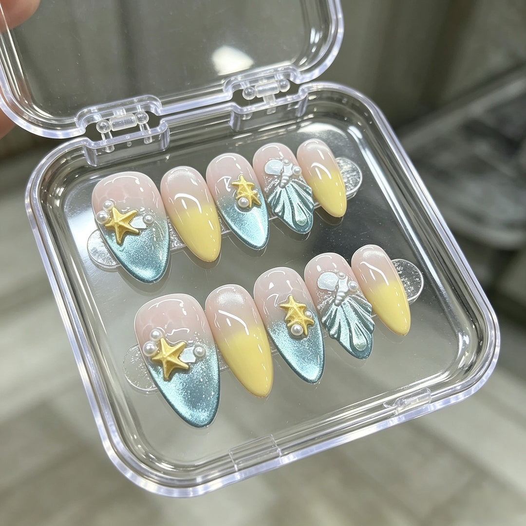 Decorative Press-On Nail Set with Ocean-Inspired Designs Kalsten