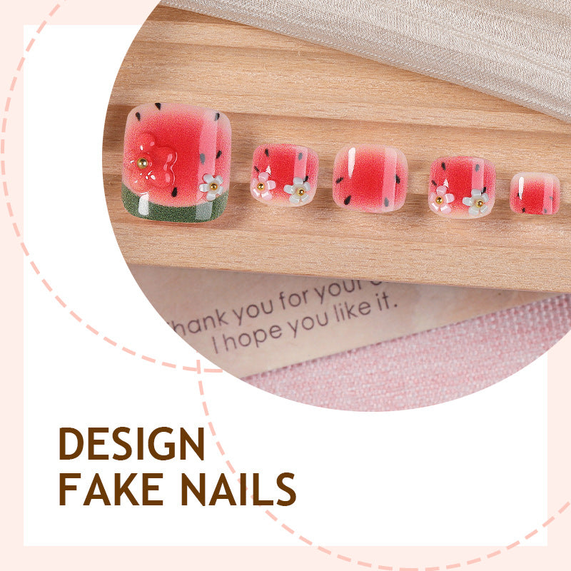 Creative nail art set with cheerful watermelon designs and delicate floral accents Kalsten