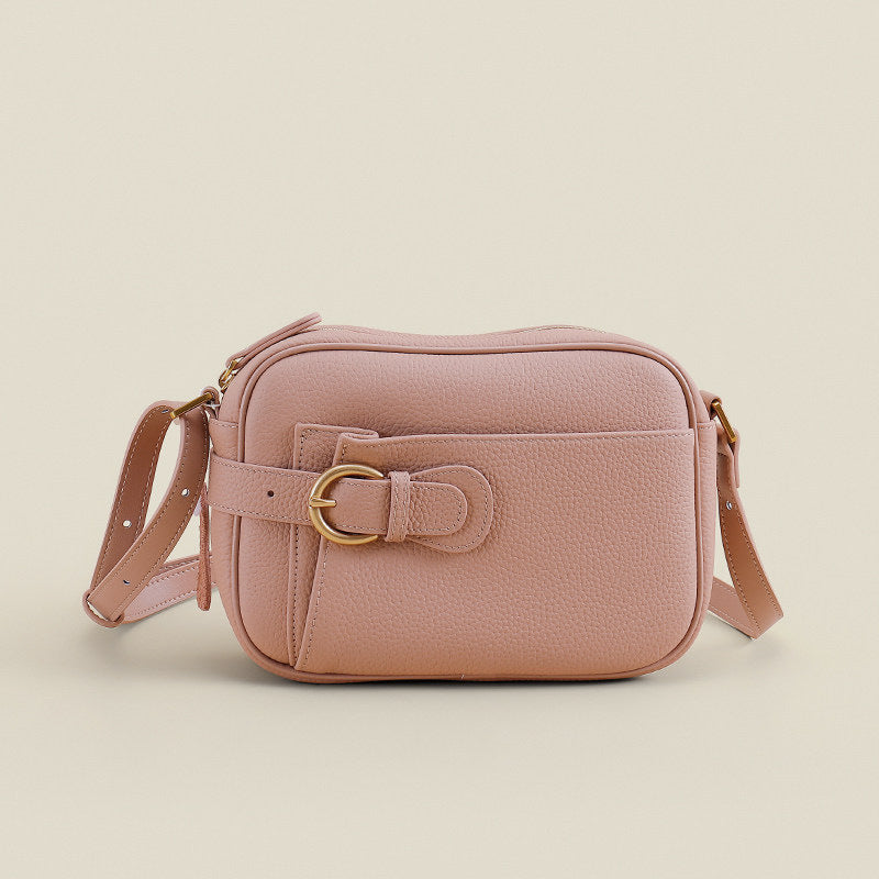 Pebbled Vegan Leather Camera Crossbody Bag with Decorative Buckle & Front Slip Pocket