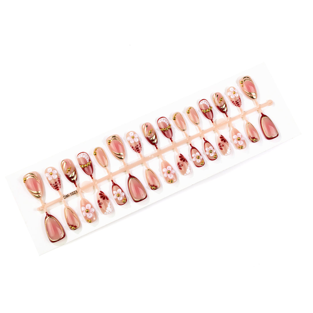 Artistic Press-On Nail Art Set with Floral and Gold Details Kalsten