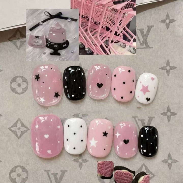 Elegant Press-On Nail Art Set with Bow and Dots Kalsten
