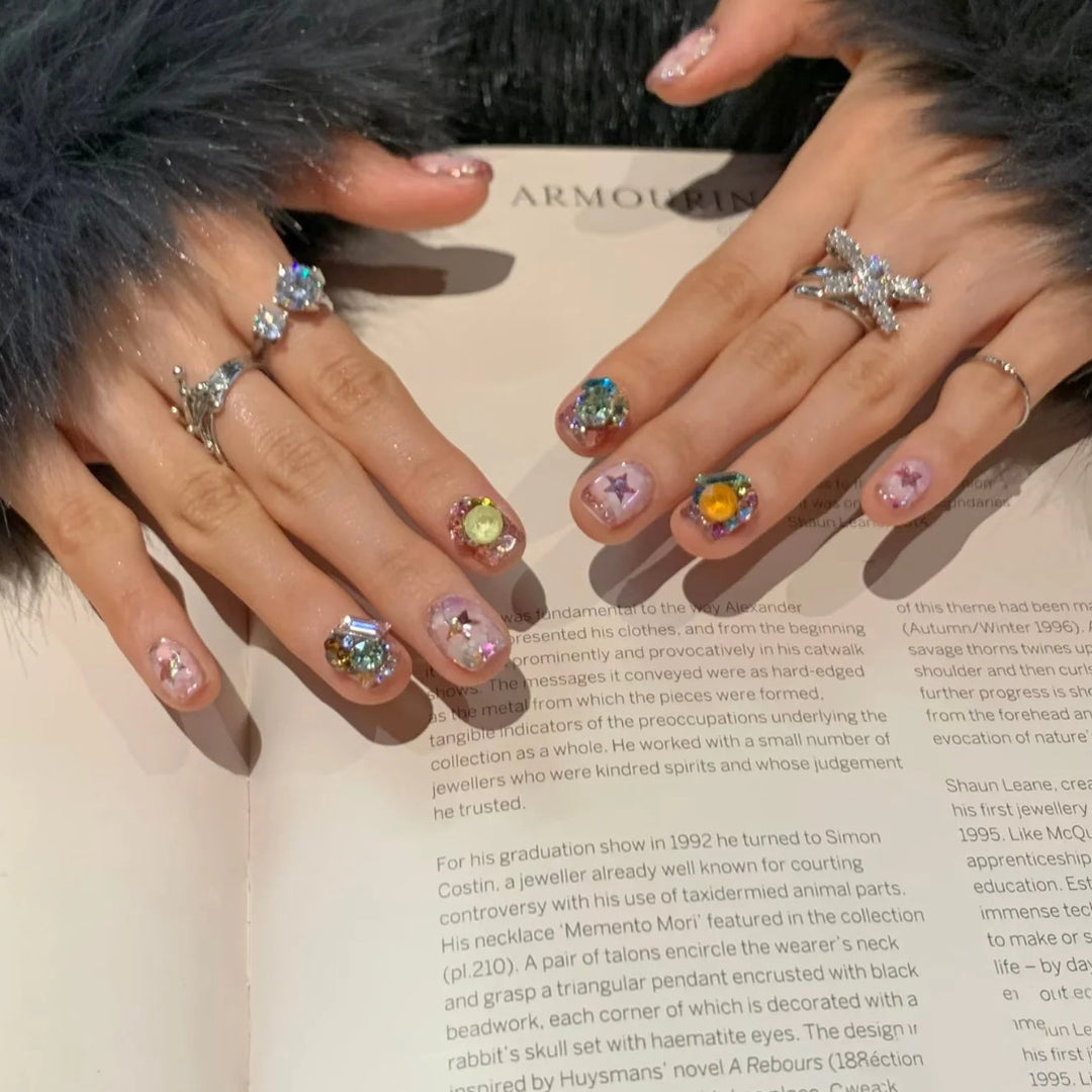 Artistic Press-On Nail Set with Gemstone Accents Kalsten
