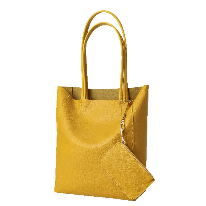 Minimalist Open-Top Tall Pebbled Leather Tote with Detachable Pouch