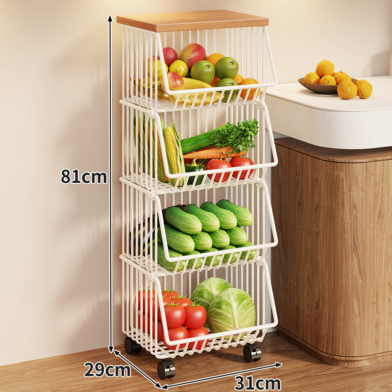 Compact Triple-Tier Rolling Wire Vegetable and Fruit Storage Cart with Wooden Top