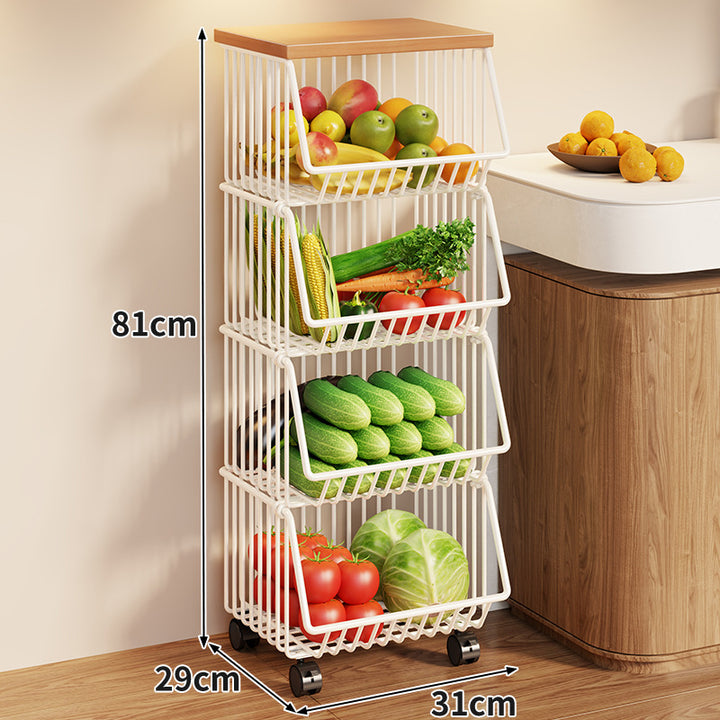 Compact Triple-Tier Rolling Wire Vegetable and Fruit Storage Cart with Wooden Top