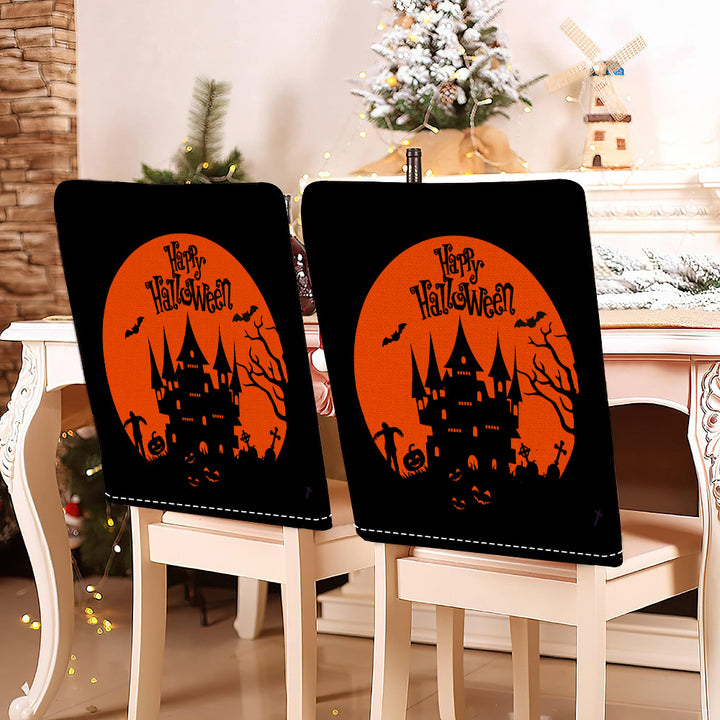 festive Halloween chair covers made of stretchable polyester with witch hat and lettering design