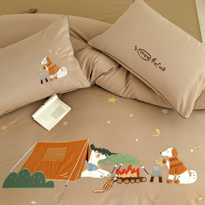 Children's bedding set made of cotton blend with embroidered camping motif