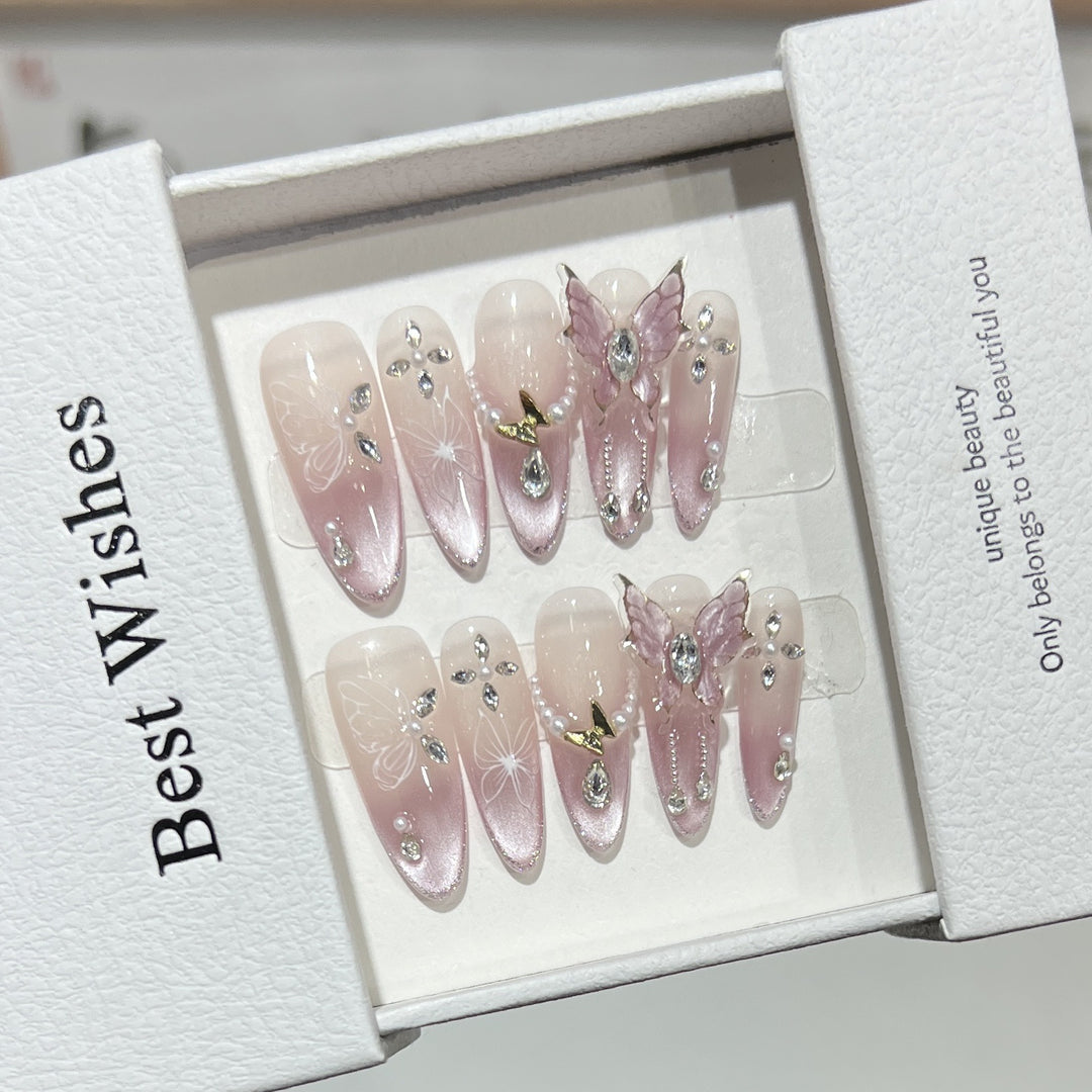 Artistic Stiletto Press-On Nail Design Set with Butterfly and Gemstone Accents Kalsten