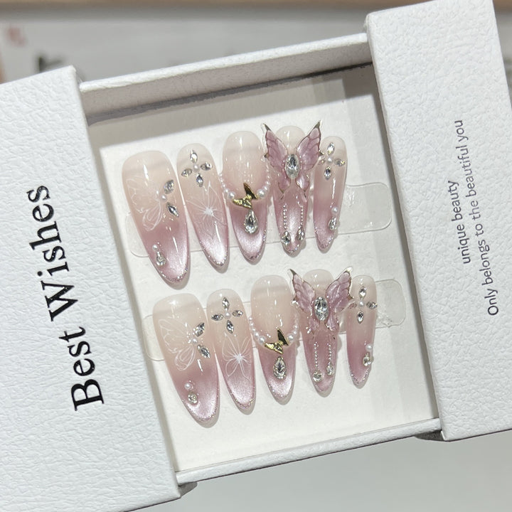 Artistic Stiletto Press-On Nail Design Set with Butterfly and Gemstone Accents Kalsten