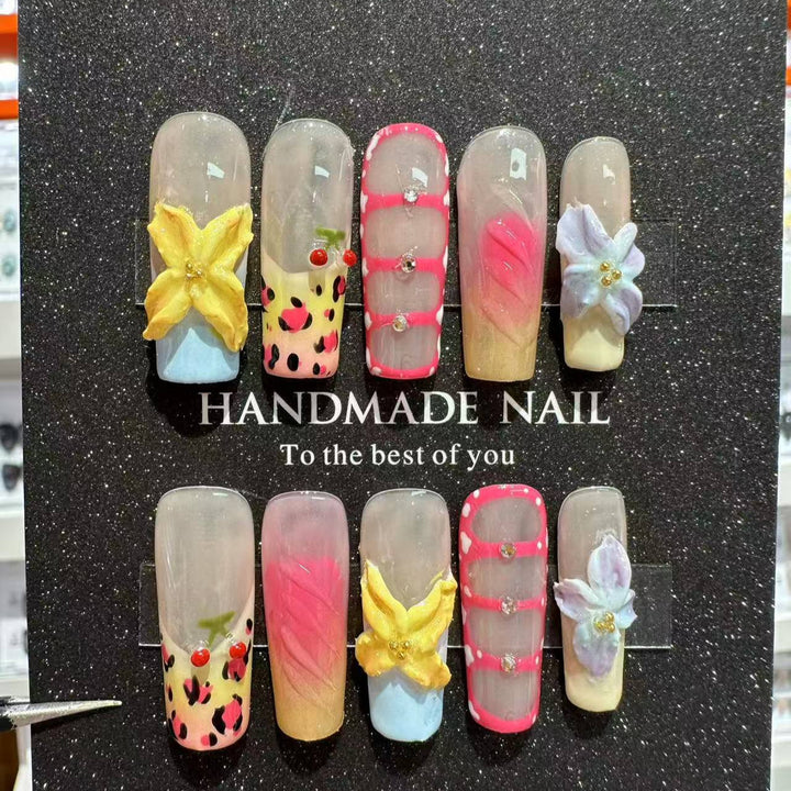 Artistic Floral Press-On Nail Set with Decorative Elements