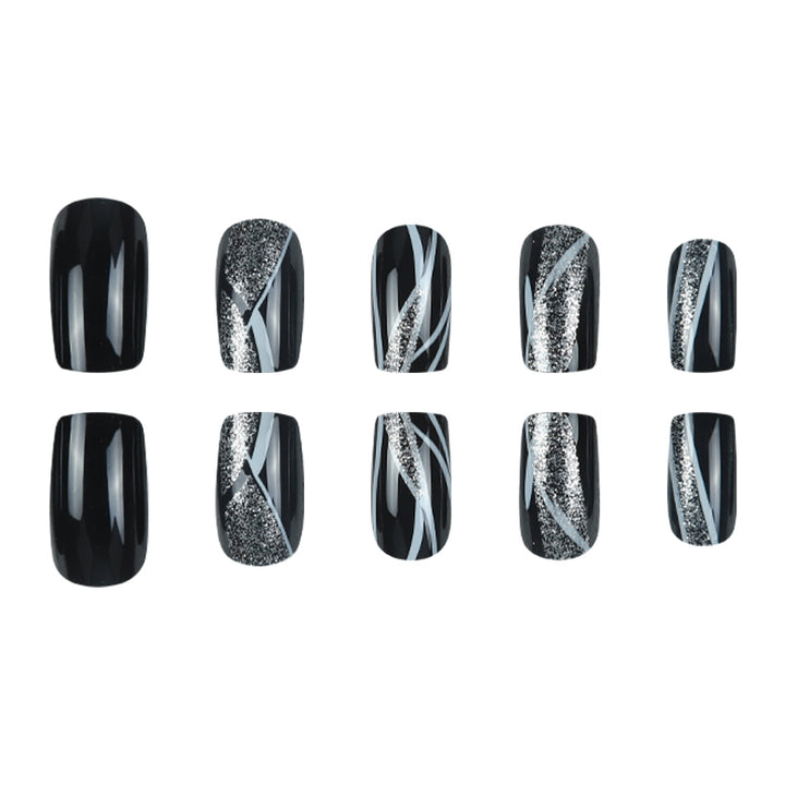Stylish Press-On Nail Art with Glitter and Geometric Design Kalsten