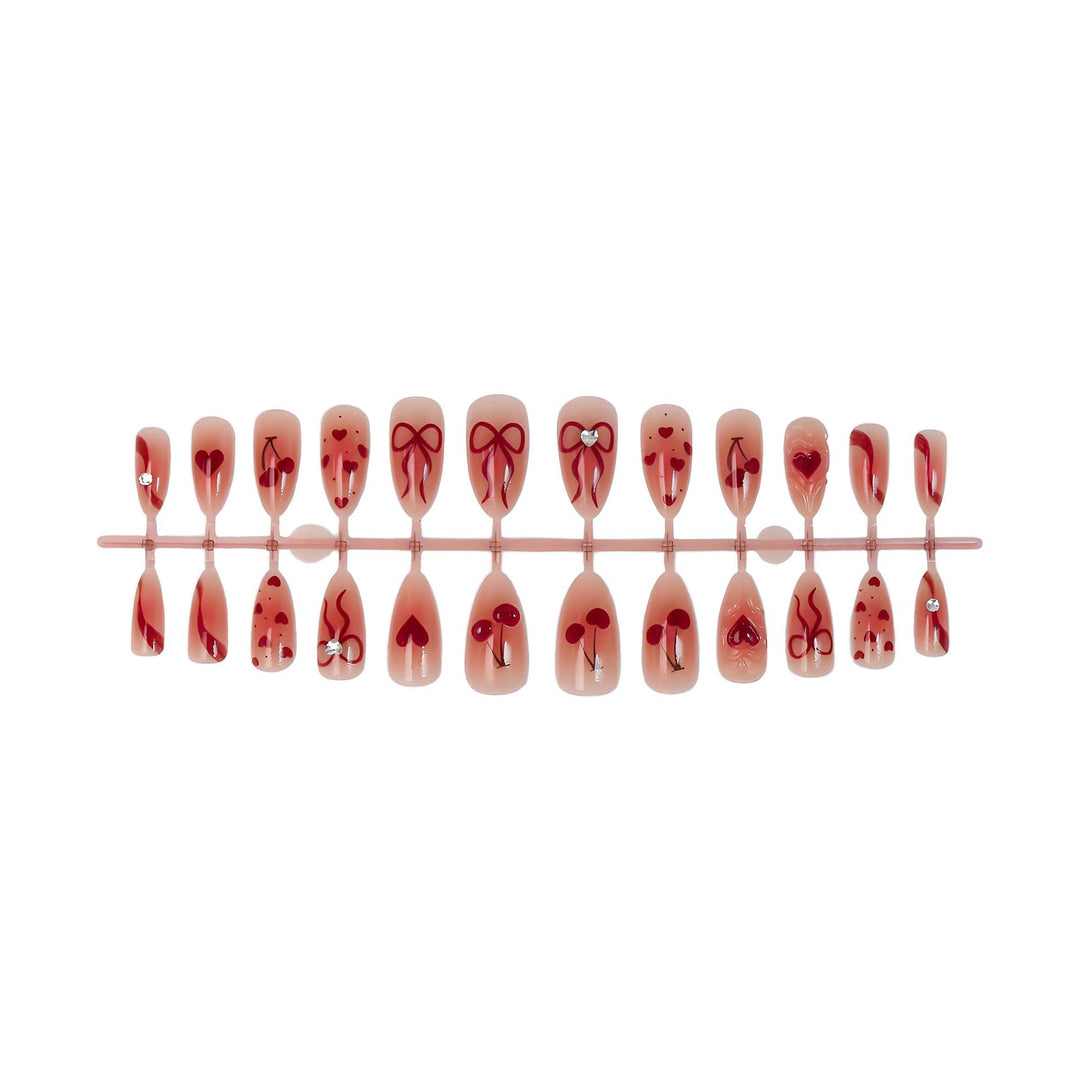 Artificial nail set with romantic heart and cherry motifs Kalsten
