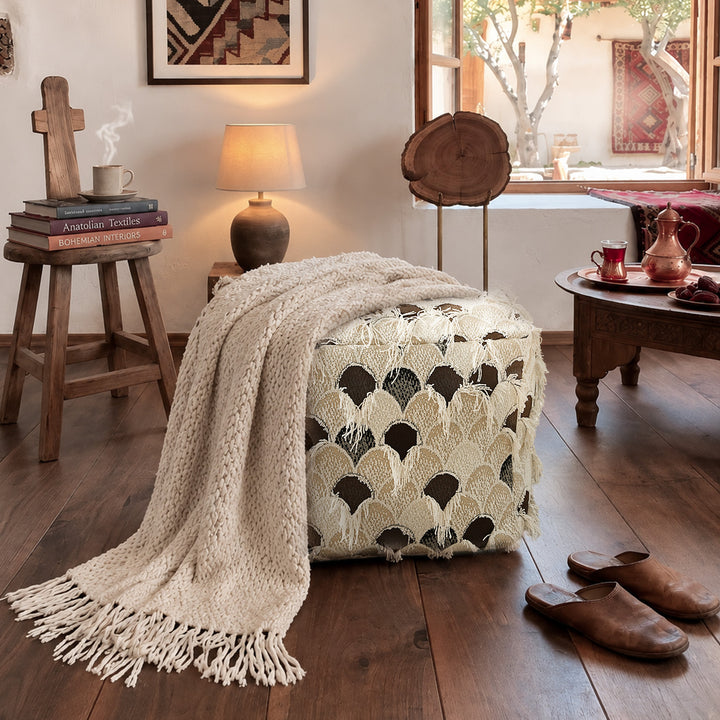 Filled floor seat pouf in ethnic jacquard with decorative fringes Kalsten