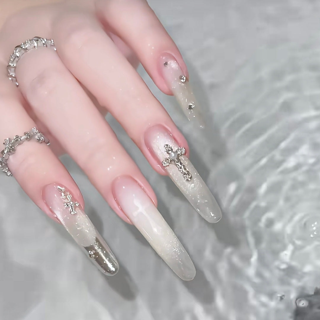 Elegant Decorative Press-On Nail Set with Rhinestone Cross Accents Kalsten