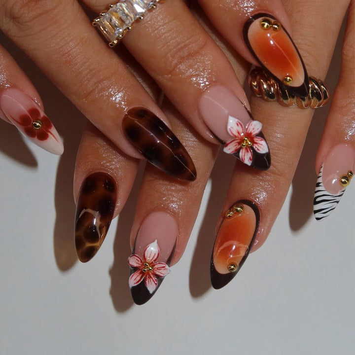 Artistic Press-On Nail Set with Floral Accents Kalsten
