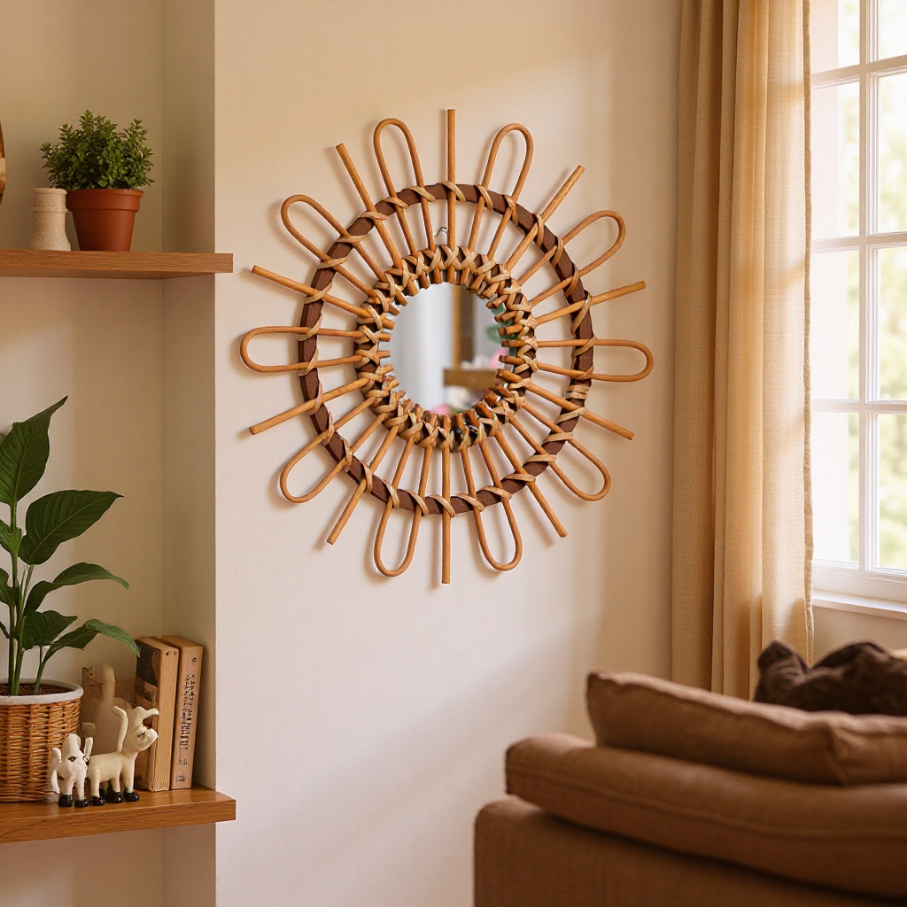 Trendy Round Wall Mirror with Rattan Frame Kalsten