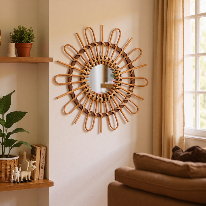 Trendy Round Wall Mirror with Rattan Frame Kalsten