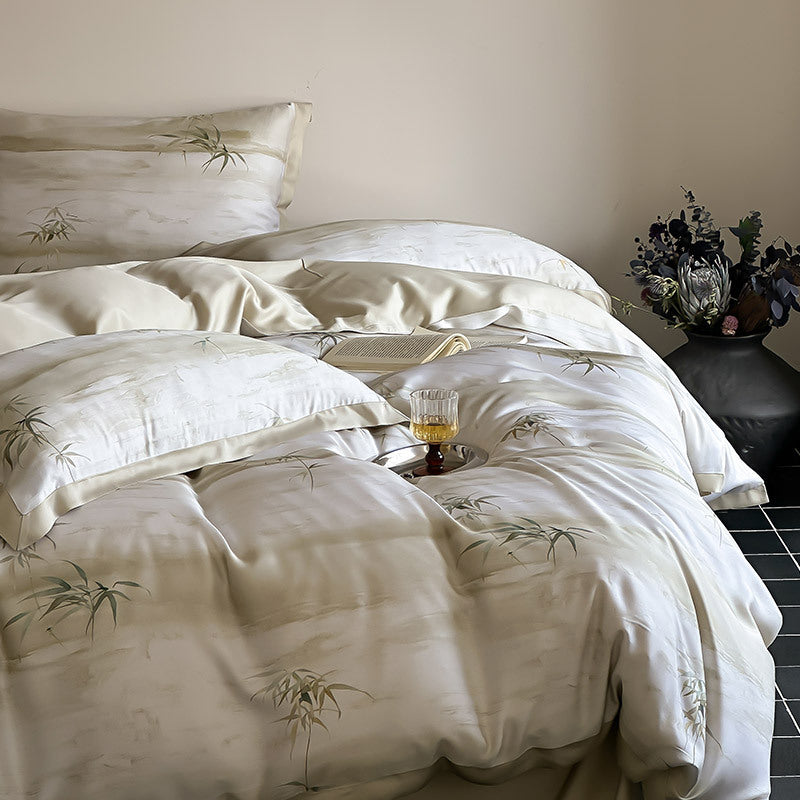 Luxurious satin bedding set with subtle bamboo print and contrasting decorative piping