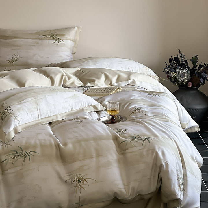 Luxurious satin bedding set with subtle bamboo print and contrasting decorative piping