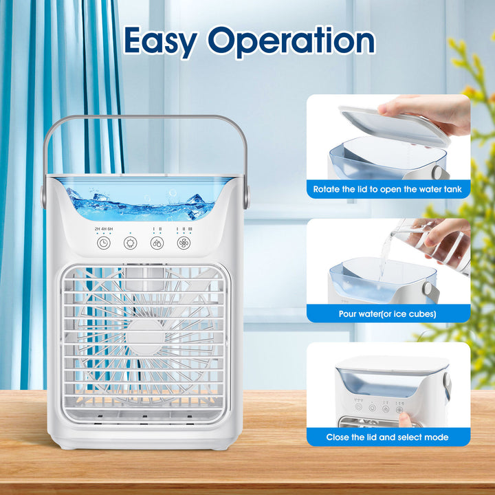 Cooling portable evaporative air cooler with refillable water reservoir adjustable louvers quiet fan and carry handle Kalsten