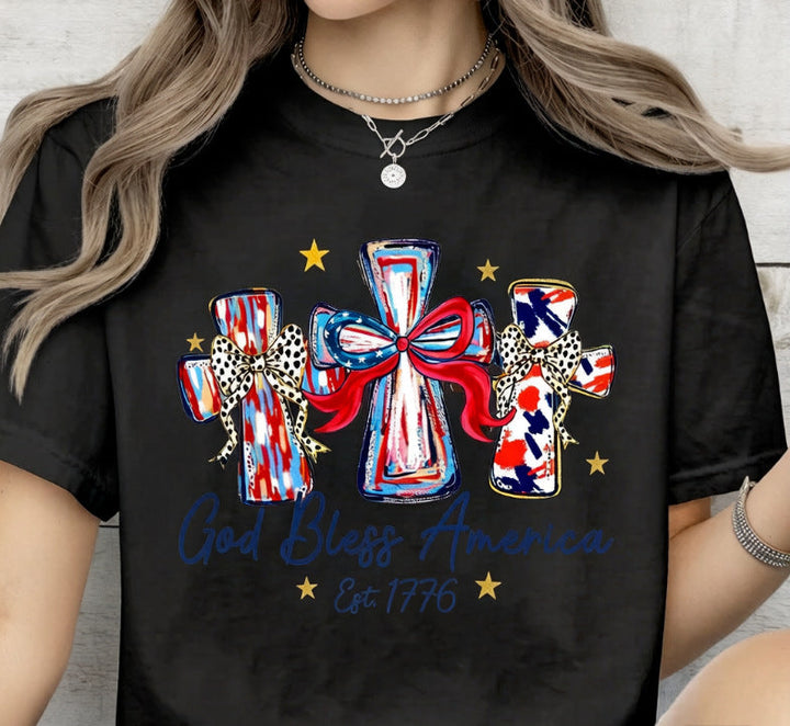 Women's nan patriotic graphic cotton tee with cross ribbon print Kalsten