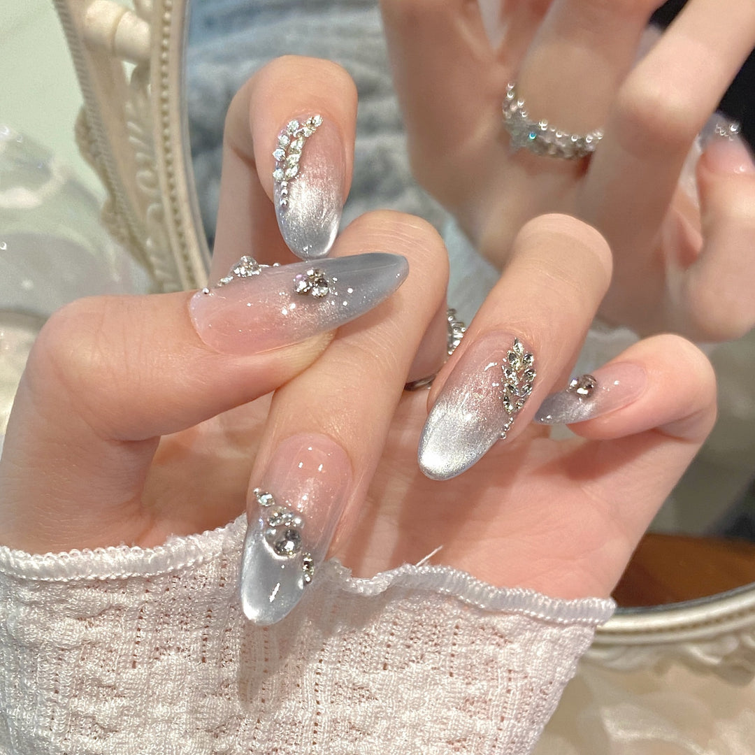 Artistic Romantic Press-On Nail Set with Gem Accents