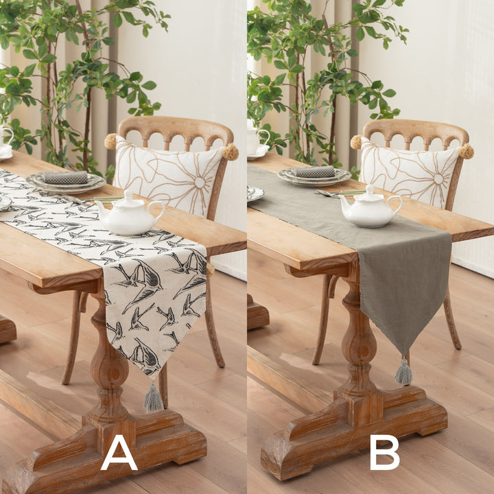 Woven double-sided linen table runner with tassels and hand-drawn swallow print Kalsten