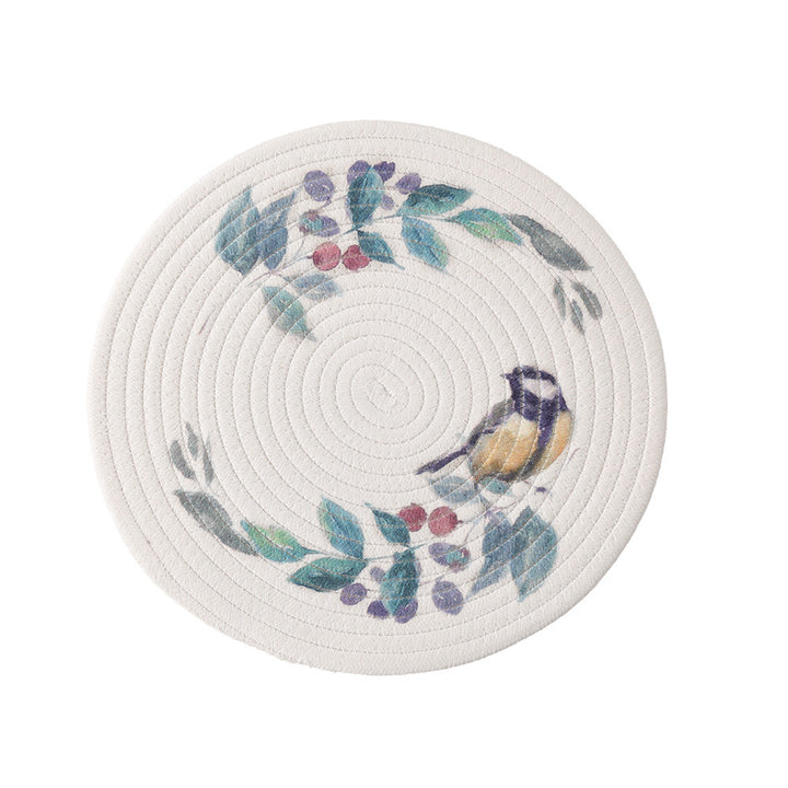 Round placemat made of woven cotton with a cute rhinoceros illustration and floral wreath Kalsten