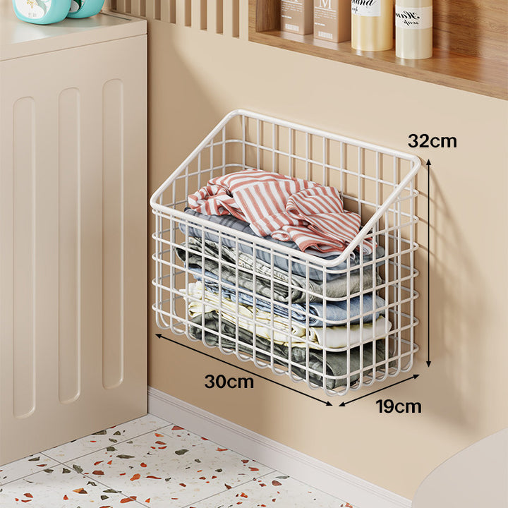 Wall-Mounted Open-Front Wire Storage Basket for Folded Laundry & Towels