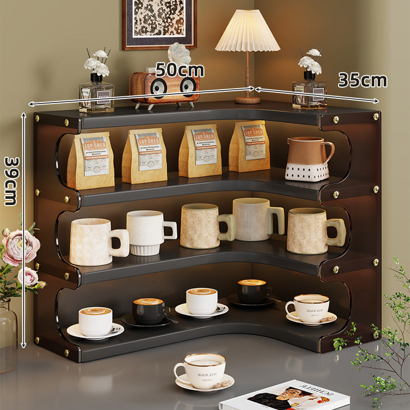 Corner Triple-Tier Wooden Countertop Display Shelf Organizer with Curved Shelves and Brass Accents